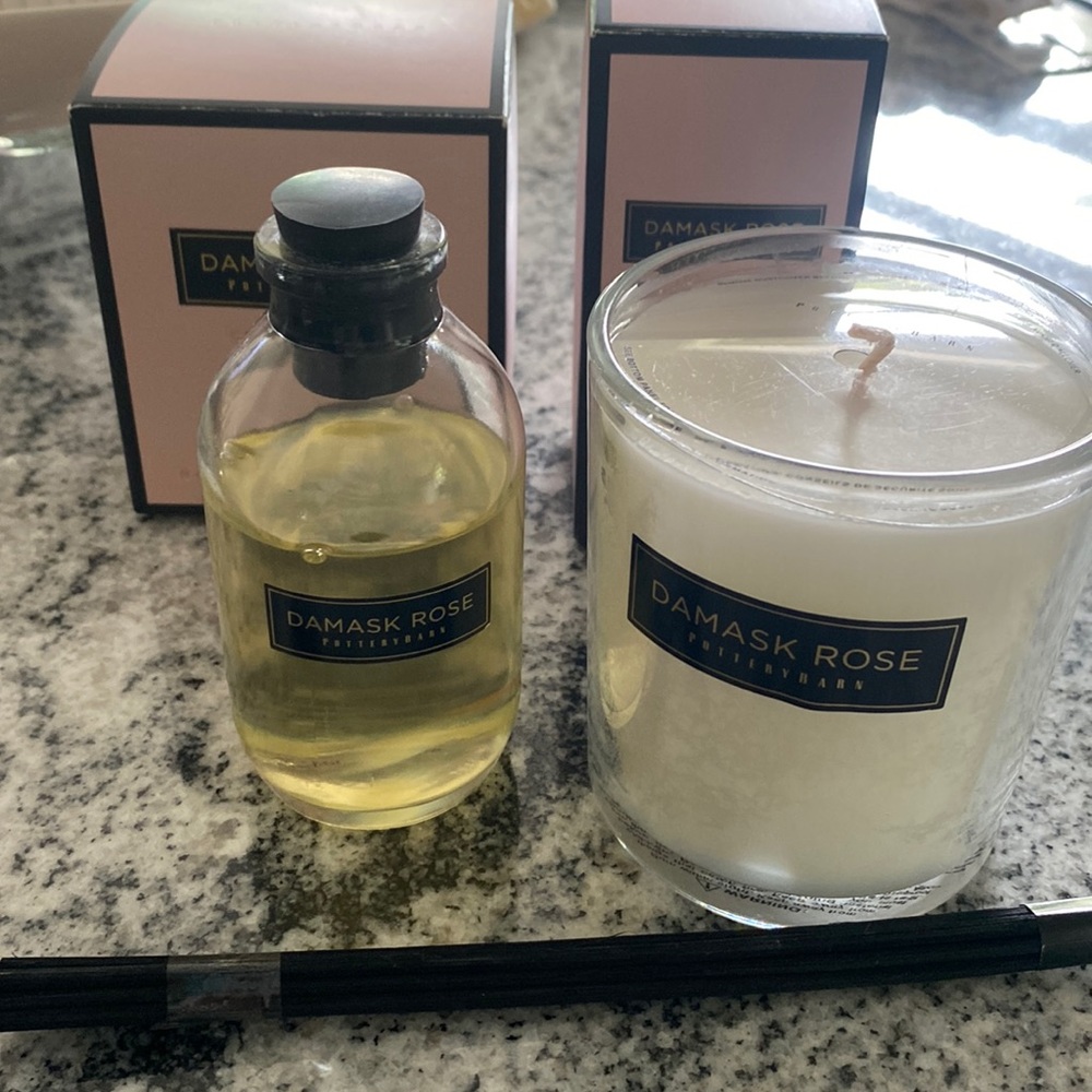 NWT Bundle of the Pottery Barn Damask Rose mini diffuser and candle
